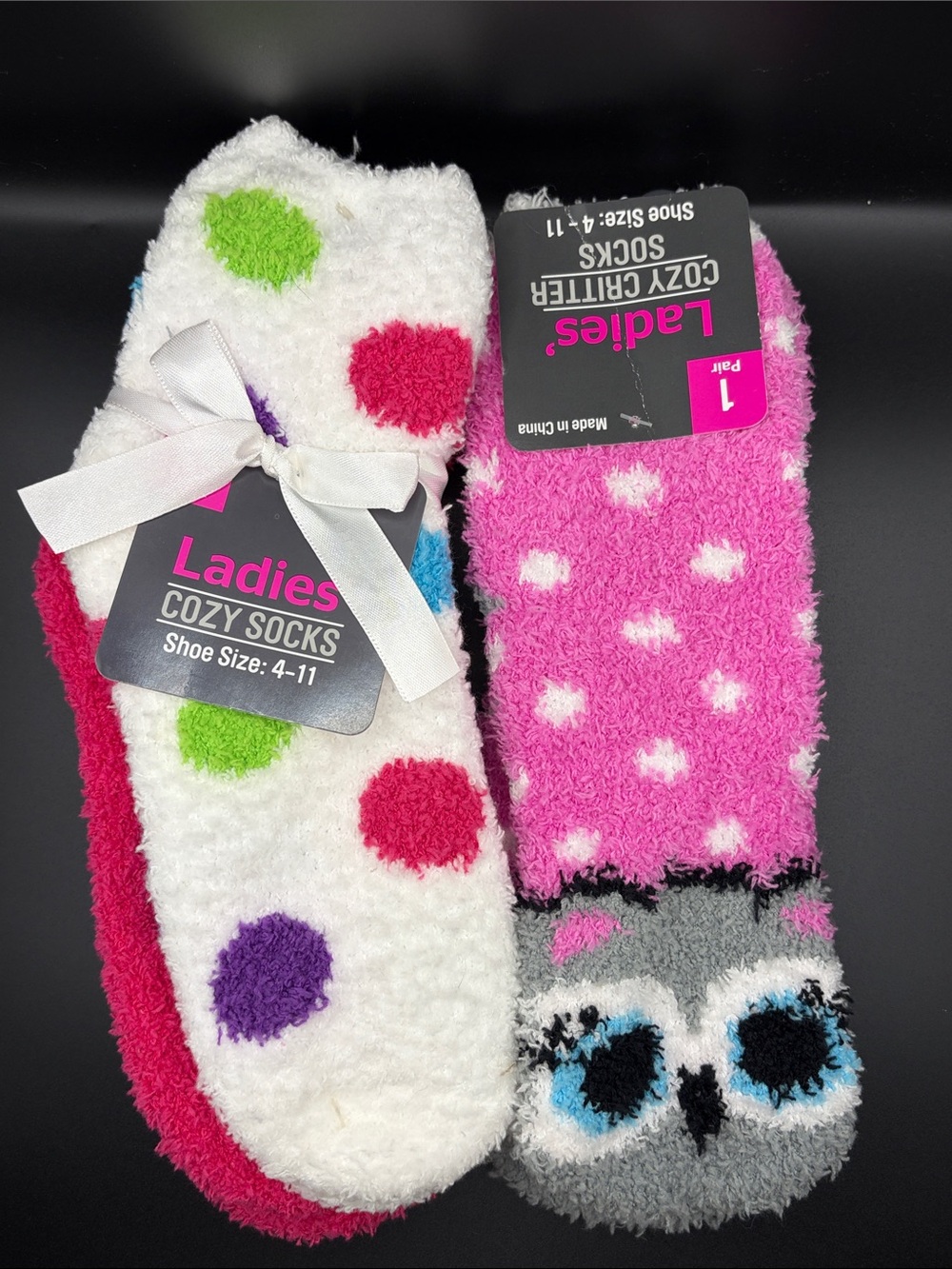 Ladies Cozy pink, Polka Dot & Owl Cozy Socks